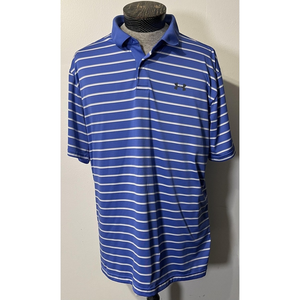 Under Armour HeatGear Polo Shirt Mens XL Blue‎ Stripe Golf Performance Stretch